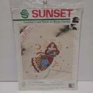 Vintage Patchwork Angel Cross Stitch Kit SUNSET Waste Canvas Craft Art 1994 USA